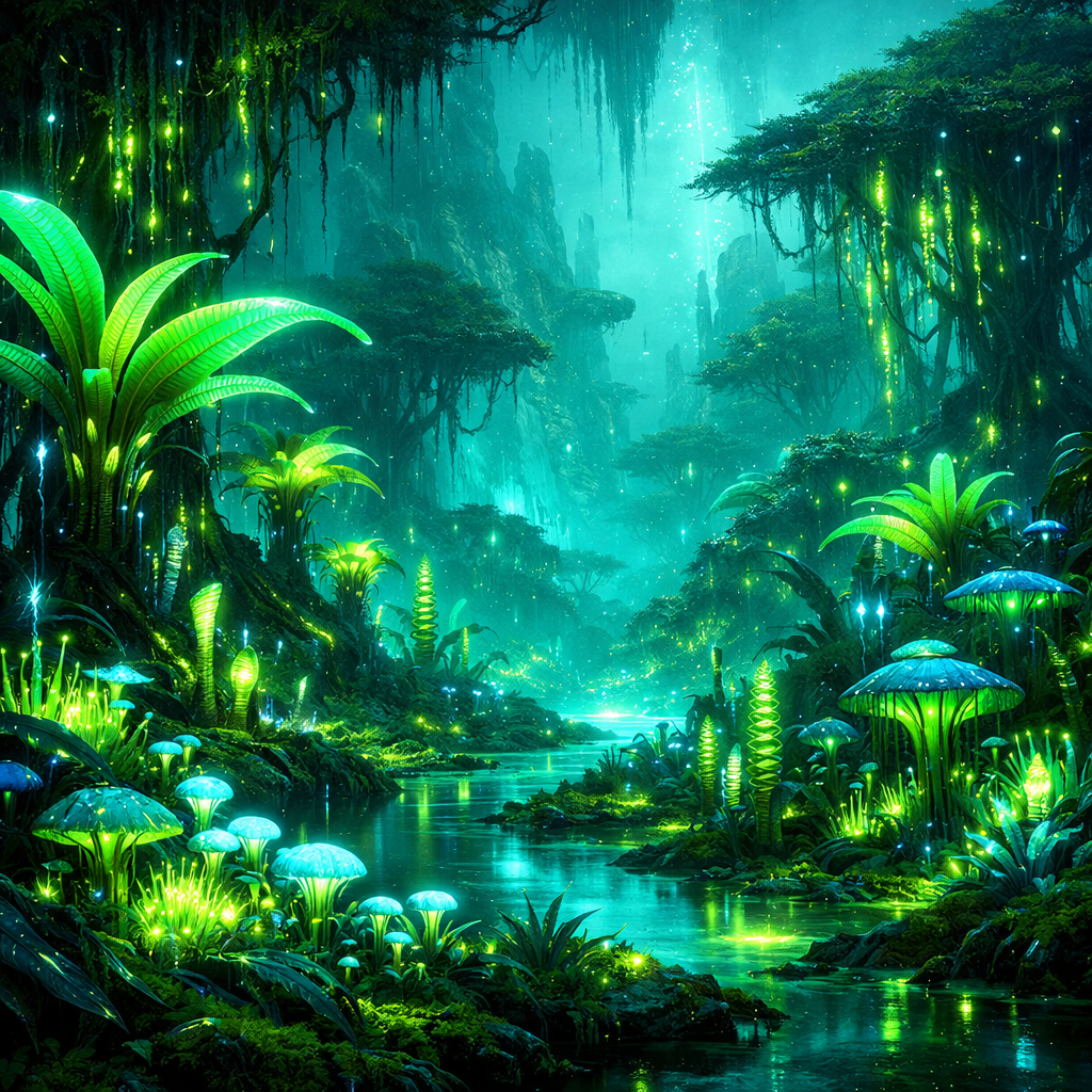 alien planet, jungle AI image. created with dalle. tagged alien planet, jungle