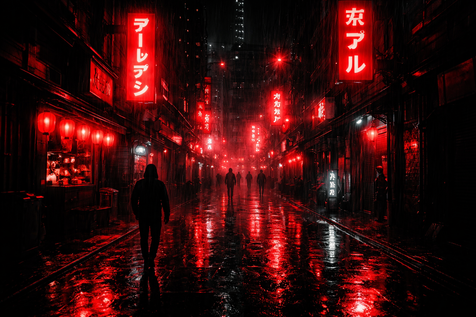 cyberpunk, rainy AI image. created with dalle. tagged cyberpunk, rainy