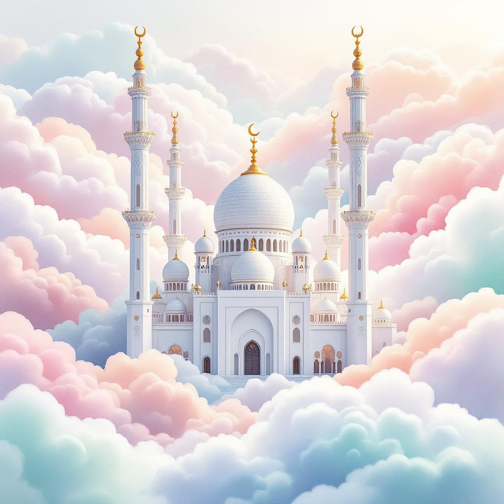 Mosque in Pastel Watercolor Clouds