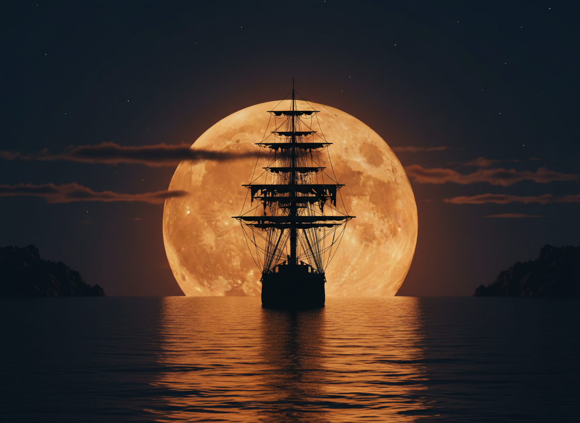 Pirate Ship and Giant Orange Moon