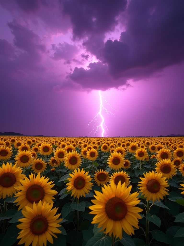 Purple Lightning Over Sunflower Field
